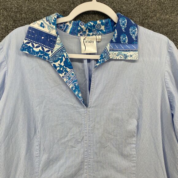 Finley Blouse Top Womens L Blue Striped Tunic Collared Office Ladies Preppy - Picture 2 of 10